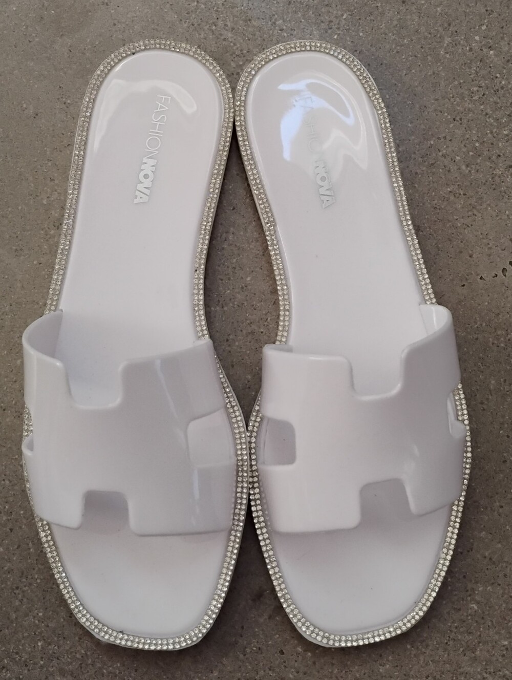Fashion Nova White Rhinestone-Trim Slide Sandals